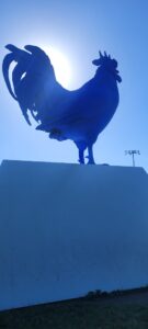 Laura Fritsch's 25-foot-high, dazzling-blue "Hahn/Cock"